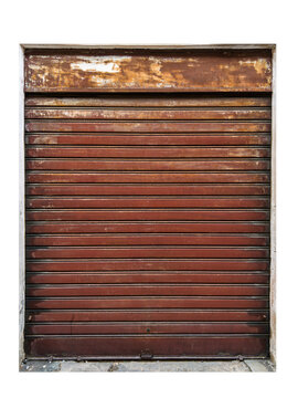 Old weathered and heavily rusted metallic rolling shutter door of closed store or garage, showing textures of corrosion and industrial decay.  Isolated