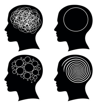 Silhouette icon set of 4 human heads featuring chaotic scribble, empty circle, bubbles and spiral brain patterns for psychology and mental health design