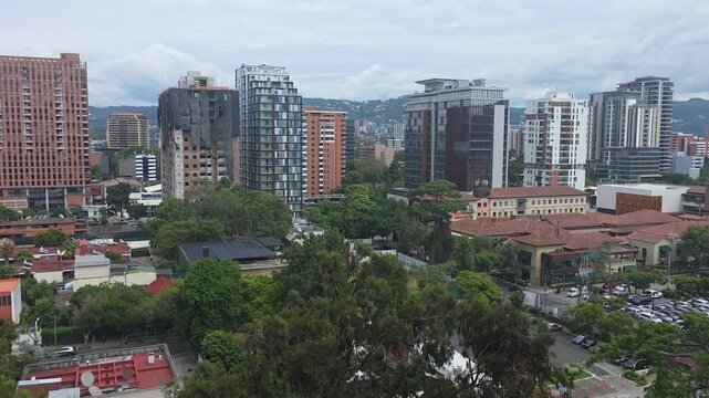 4k, aerial perspective, architecture, business district, capital city, central america, city view, cityscape, clear sky, clouds, commercial, corporate towers, daylight, destination, development