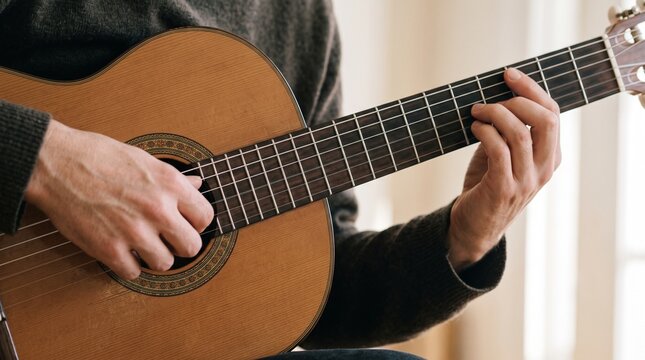 Close-up of a person playing an acoustic guitar with hands on fretboard and strings