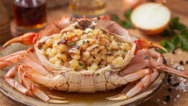 Spanish cuisine. Txangurro a la donostiarra. Crab shell stuffed with its own tender meat, fried with onions, leeks, tomatoes and brandy, and then baked under breadcrumbs.