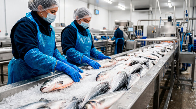 Workers sort fresh fish on ice along a processing line in a seafood factory. Commercial fish processing and production. Food safety and hygiene. Seafood industry and supply chain.