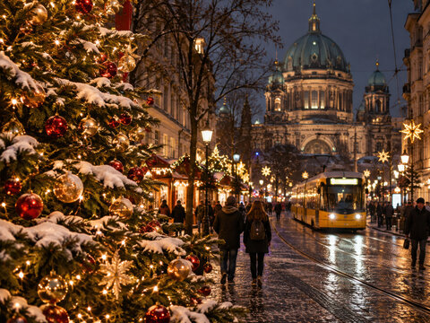 Weihnachtsbaum vor dem Berliner Dom &ndash; Festlich geschm&uuml;ckter Christbaum, Weihnachtsmarkt, Stra&szlig;enbahn und Passanten in stimmungsvoll beleuchteter Innenstadt am Abend.