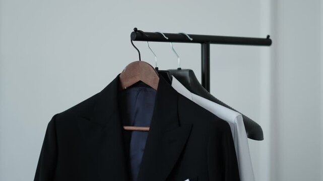 Close up of a black suit jacket and white shirt hanging on a clothing rack against a light wall.