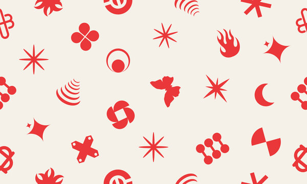 Y2K abstract symbols and retro icons seamless pattern with red graphic shapes