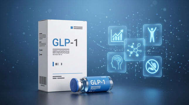 Medical product packaging and vial with scientific icons, representing pharmaceutical innovation and health outcomes, showcasing research and development.