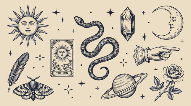 Celestial Tattoo Flash Clipart, Vintage Engraving Sun Face, Crescent Moon, Serpent, Crystal & Tarot Card Boho Set