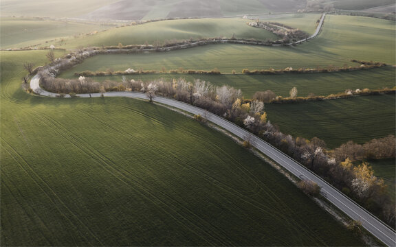 Aerial view of the Vlnky rolling hills landscape in Nasedlovice, South Moravian Region, Czechia.