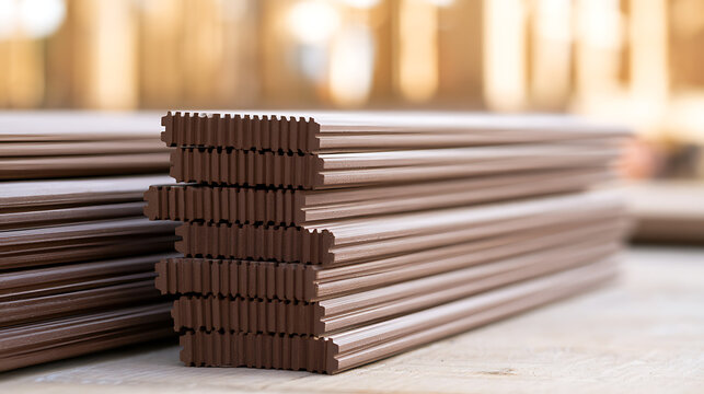 Stack of brown composite wood planks for outdoor deck construction and patio flooring project detail view in warehouse supply store interior
