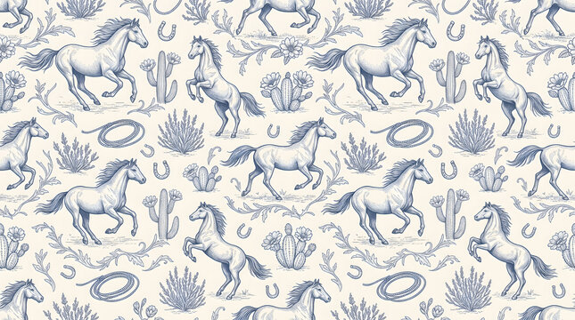 Vintage engraving seamless pattern with galloping wild horses, rearing stallions, desert cactus flowers, horseshoes, and lasso rope. Western toile de Jouy style digital illustration.
