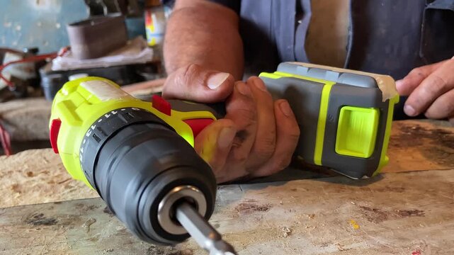 Close-up of a carpenter using a cordless electric drill to screw into a wooden plank in a woodworking workshop, handyman at work.