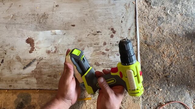 Close-up of a carpenter using a cordless electric drill to screw into a wooden plank in a woodworking workshop, handyman at work.