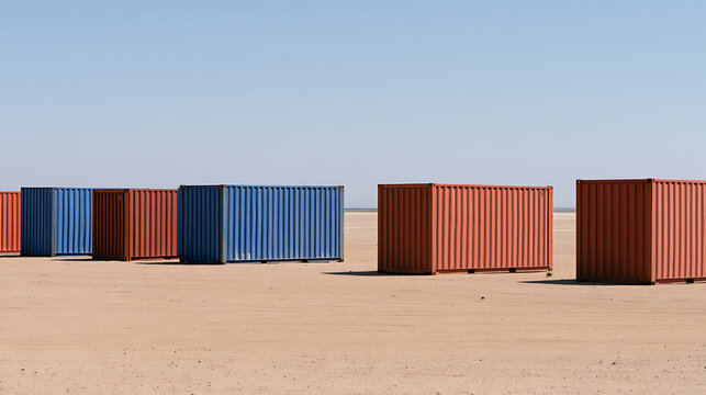Colorful metal freight shipping containers arranged in a row on a vast desert sand flat under clear blue sky for global cargo logistics