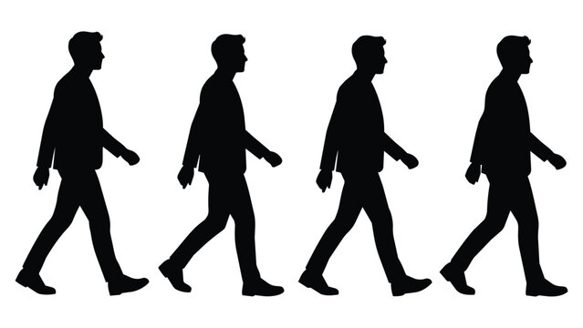 Four walking men silhouettes in black on white background