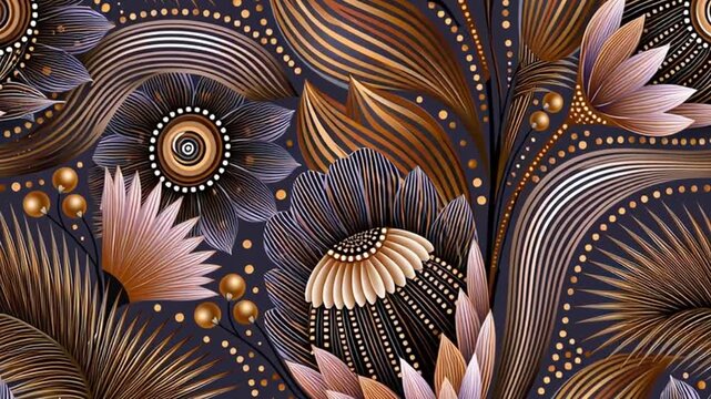 A vibrant pattern of African flowers and leaves, in a tribal ornament