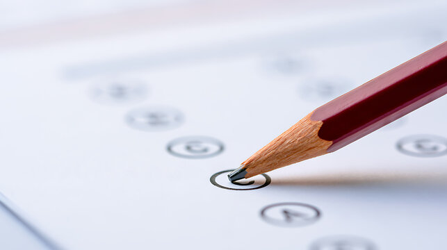 Close-up view of a red pencil fill circle answer on multiple choice test paper sheet during school exam evaluation process in bright light