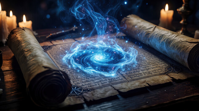 Ancient parchment scroll lies on dark wooden table with glowing blue magic energy. Mystical swirling light, sparks rise from old manuscript. Lit candles surround magical spell book in dark room.