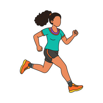 Green shirt grey shorts orange shoes curly hair ponytail runner health fitness.