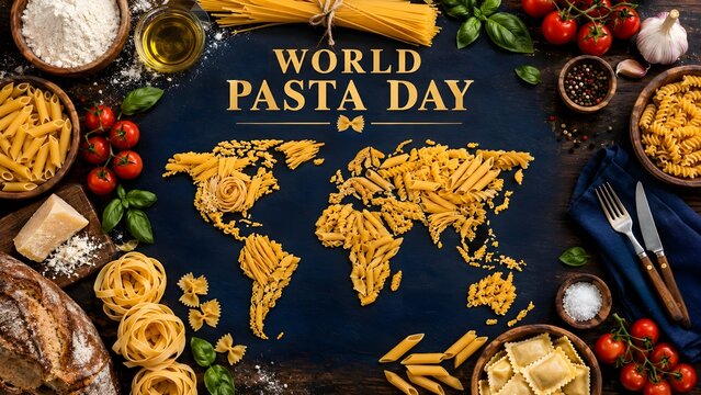 World pasta day concept with a world map made of various pasta shapes on a dark blue background surrounded by ingredients like flour, basil, and bread
