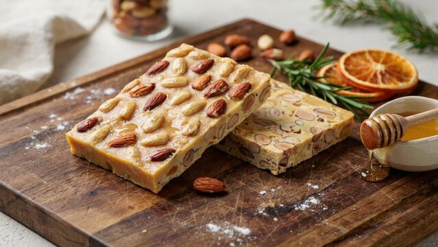 Spanish cuisine. Turr&oacute;n. Traditional Christmas nougat made from honey, sugar, egg white and lots of roasted almonds.