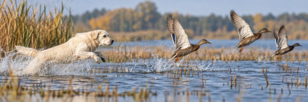 White retriever splashing through marsh water as ducks take flight in autumn wetland