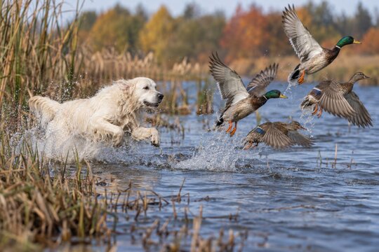 Golden retriever flushing wild ducks from marsh water in autumn hunting scene