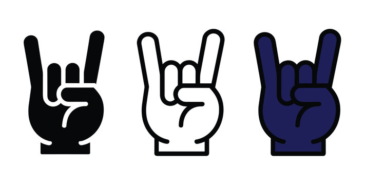 Set of three rock and roll hand sign icons showing the devil horns gesture in black white and dark blue colors