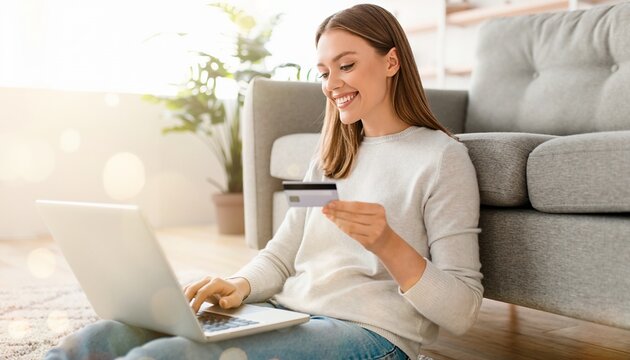 Smiling woman holding credit card using laptop for online shopping and digital banking while relaxing comfortably on living room floor