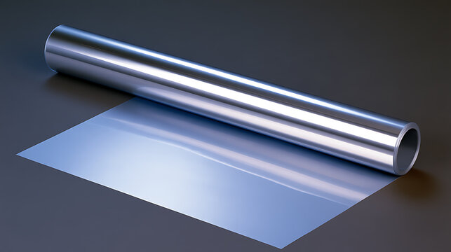 A glossy metal cylinder tube with a flat metallic sheet unrolling on a dark surface, symbolizing industrial design and modern material use