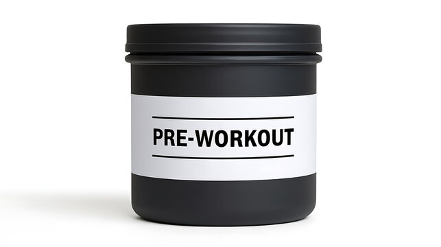 Blank black container with pre-workout supplement label for fitness and bodybuilding health product mockup isolated on white studio background