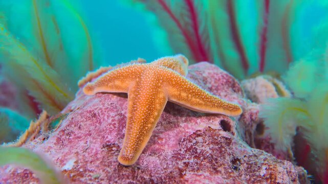 60 FPS Macro starfish crawling on coral rock with swaying sea fan in turquoise underwater reef