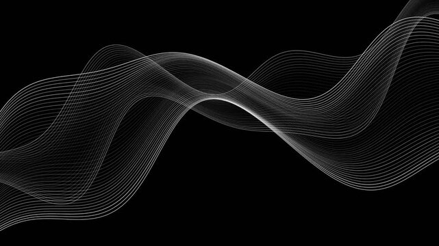 Abstract white flowing lines on a black background moving slowly and irregularly, elegant wave pattern for backgrounds, wallpapers, presentations and website designs