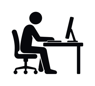 Seated office worker silhouette leaning toward a desk and computer workstation, worker, desk, computer, seated, black, solid, icon