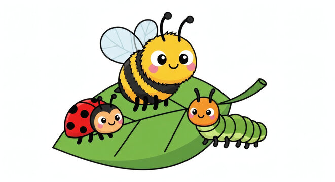 Bee, ladybug, and caterpillar sharing a leaf in a cartoon scene