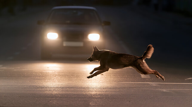 A stray dog, Canis lupus familiaris, running across a dark asphalt road in front of an oncoming automobile with bright headlights at night
