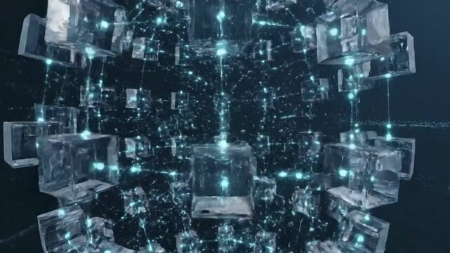 Blockchain and Distributed Ledger. Futuristic blockchain technology, interconnected digital blocks, encrypted data transactions, decentralized network connections and secure ledger visualization.