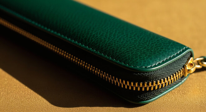 Green leather zip wallet resting on a tan surface in close-up