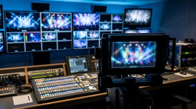 Professional television broadcast control room with multiple video monitors and audio mixing console for live production