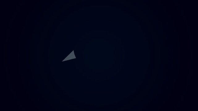 Minimalist black and white vector animation of a folded paper airplane taking off from the center of a pure white background. The paper airplane glides upward, follows a smooth curved circular flight 
