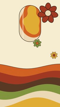 Abstract composition featuring stylized shapes and overlapping wavy bands of color across the lower section, balanced by floating floral motifs and an oblong shape near the top