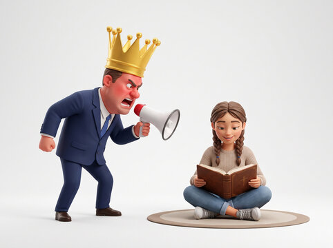 An angry boss with a gold crown shouting through a megaphone at a calm girl reading a book, concept of toxic leadership, workplace bullying, and emotional resilience 3D illustration
