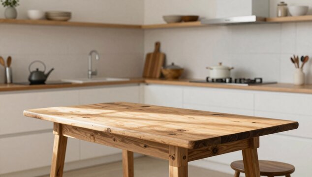 Rustic wooden table in a bright, modern kitchen with subtle shadows