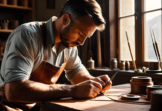 Close up waist up portrait of a skilled male artisan handcrafting fine leather goods in a rustic workshop