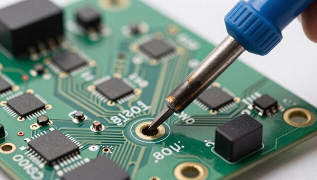 Close-up of a soldering iron tip touching a circuit board component