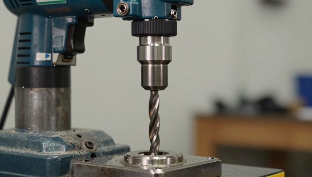 Close-up of a drill press bit making a hole in metal with shavings scattered around