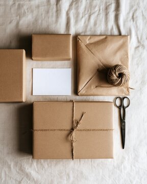 Quality-control station displays neutral finished products with recyclable wrapping and a blank card, ready for handmade order fulfillment.