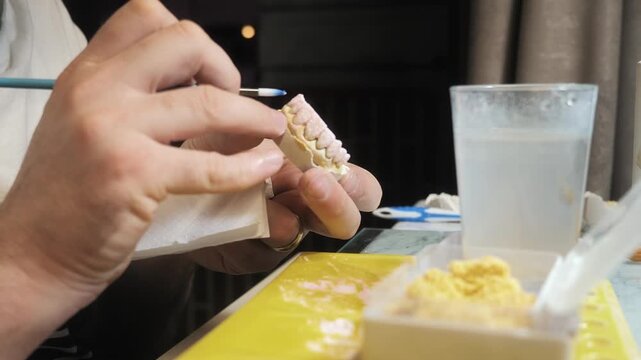 Precision dental technician craftsmanship in tooth prosthetic laboratory, artisan shaping porcelain restoration with fine brush on plaster cast for custom artificial teeth and crowns.