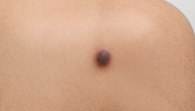 Close-up view of a dark brown mole on fair skin with visible pores and texture
