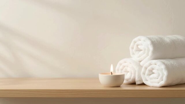 Minimalist spa background with rolled white towels, burning tea light candle on wooden shelf for wellness marketing