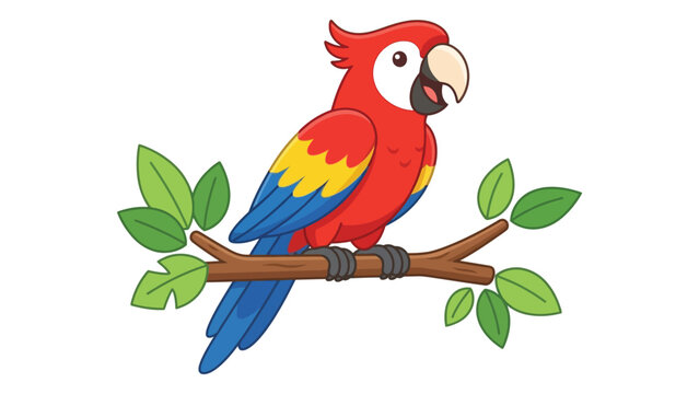 Red macaw parrot sitting on a brown branch with green leaves